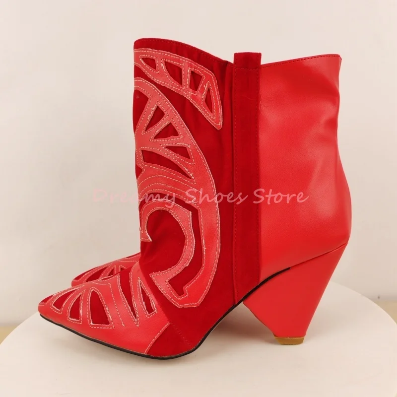 الأحمر التطريز أسافين وأشار حذاء من الجلد النساء جلد أسود الانزلاق على الأحذية القصيرة الغربية موضة ريترو أحذية ربيع الخريف الطرف