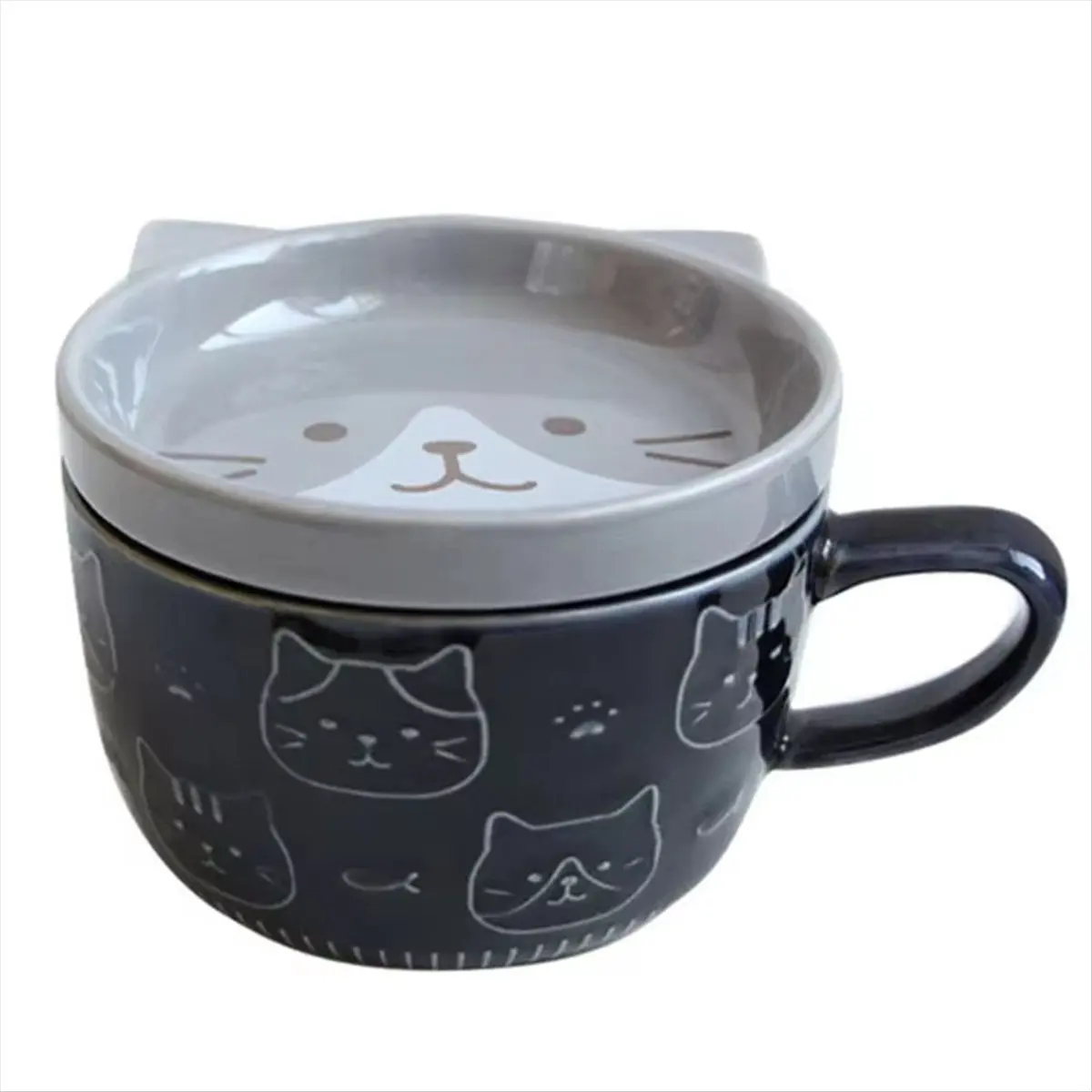 ABNH Cute Japanese Cartoon Cat Coffee Cup with Lid - Ceramic Breakfast Milk Cup for Couples, Ideal for Home and Use A