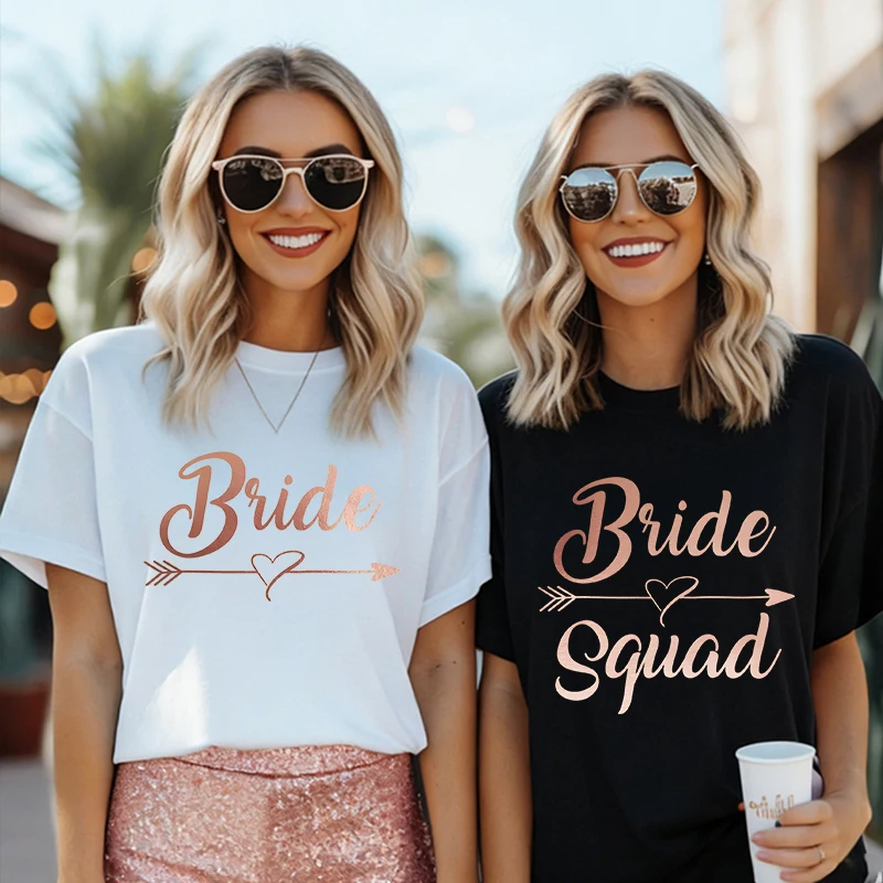 Team Bride Squad Matching T-Shirts, Arrow Heart Graphic Tees, Short Sleeve O Neck Tops for Bachelorette Party & Bridal Shower