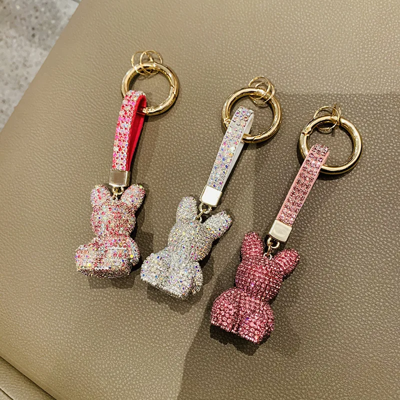 Fashion Car Key Ring Lady Gift Creative Full Diamond cartoon doll inlaid with diamond rabbit key ring affixed diamond jewelry