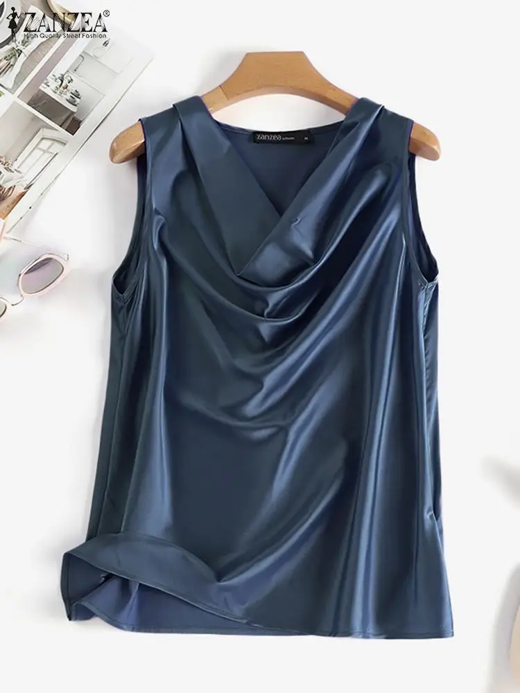 ZANZEA Women Satin Tank Tops Elegant Cowl Neck Sleeveless Blouse Korean Fashion Silk Solid Color Tanks Office Lady Sexy Camisole