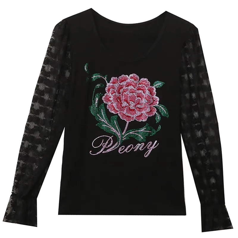 2023 New Autumn Winter European T-Shirt Clothes Women Fashion Sexy Shiny Rose Diamonds Tops Long Sleeve Bottoming Shirt Tees