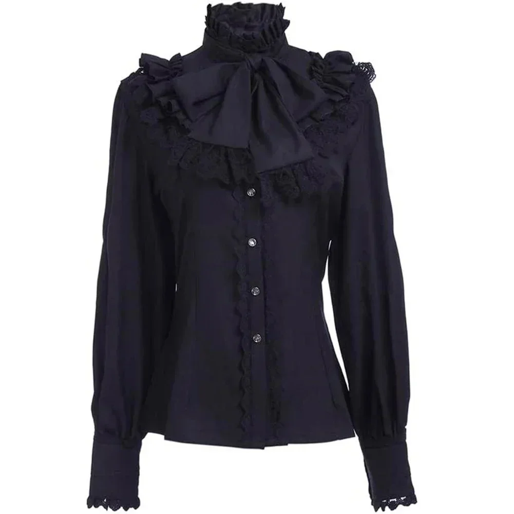 New Vintage Victorian Ruched Lace Shirts And Blouses Gothic Lolita Long Sleeve Ruffles Solid Black White Tops Shirt For Women