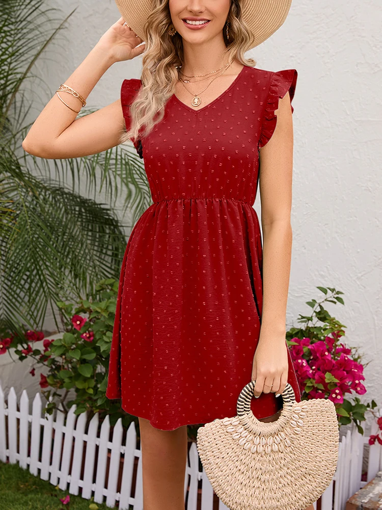 

Summer Dress Women Tank MIni Dress Female Solid Floral Slim Lotus Leaf Sleeve Dress Ladies Sexy V Neck Elegant Dresses