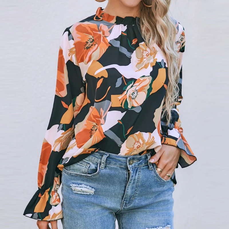 Edible Fungus Collar Tops Fashion Print Blouse Autumn New Casual Loose Shirts Long Flare Sleeve Women Clothes Blusas 29098