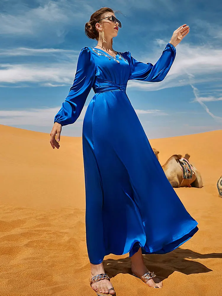 

Blue Satin Long Dress Abaya Women Handsewn Rhinestones Belted Eid Ramadan Muslim Dresses Islam Dubai Turkish Modest Abayas