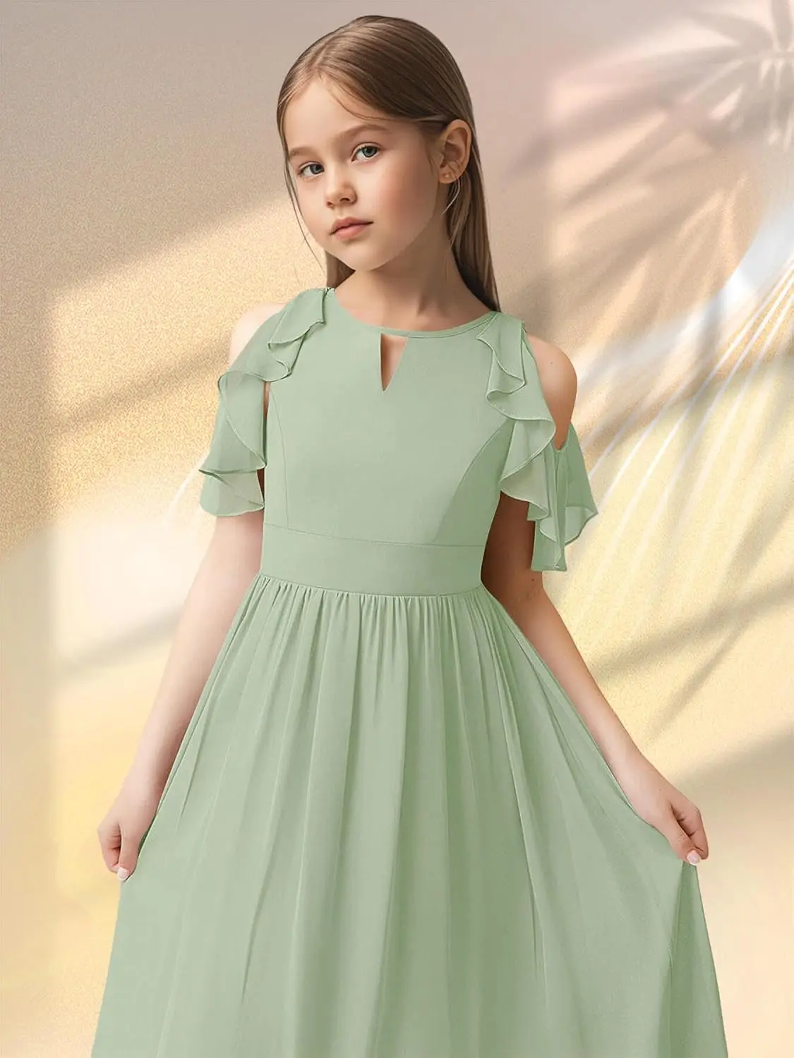 A라인 오프숄더 쉬폰 플라워 걸 드레스 A라인 주니어 정장 드레스 소매가 있는 소녀용 롱 드레스 프로무 드레스