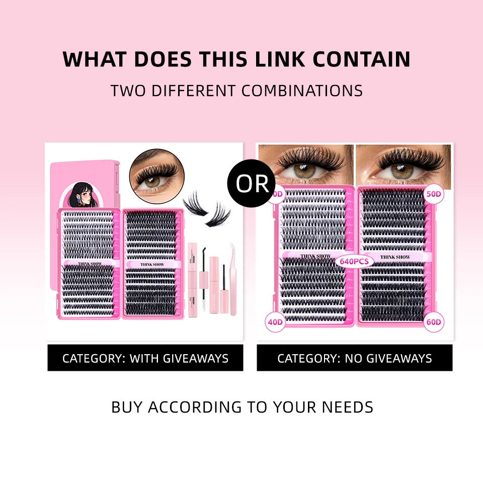 Kit de extensión de pestañas de 640 piezas 304050 D Lash Clusters D Curl Kit de pestañas individuales de 8-16 mm con unión y sello, pinzas y cepillo