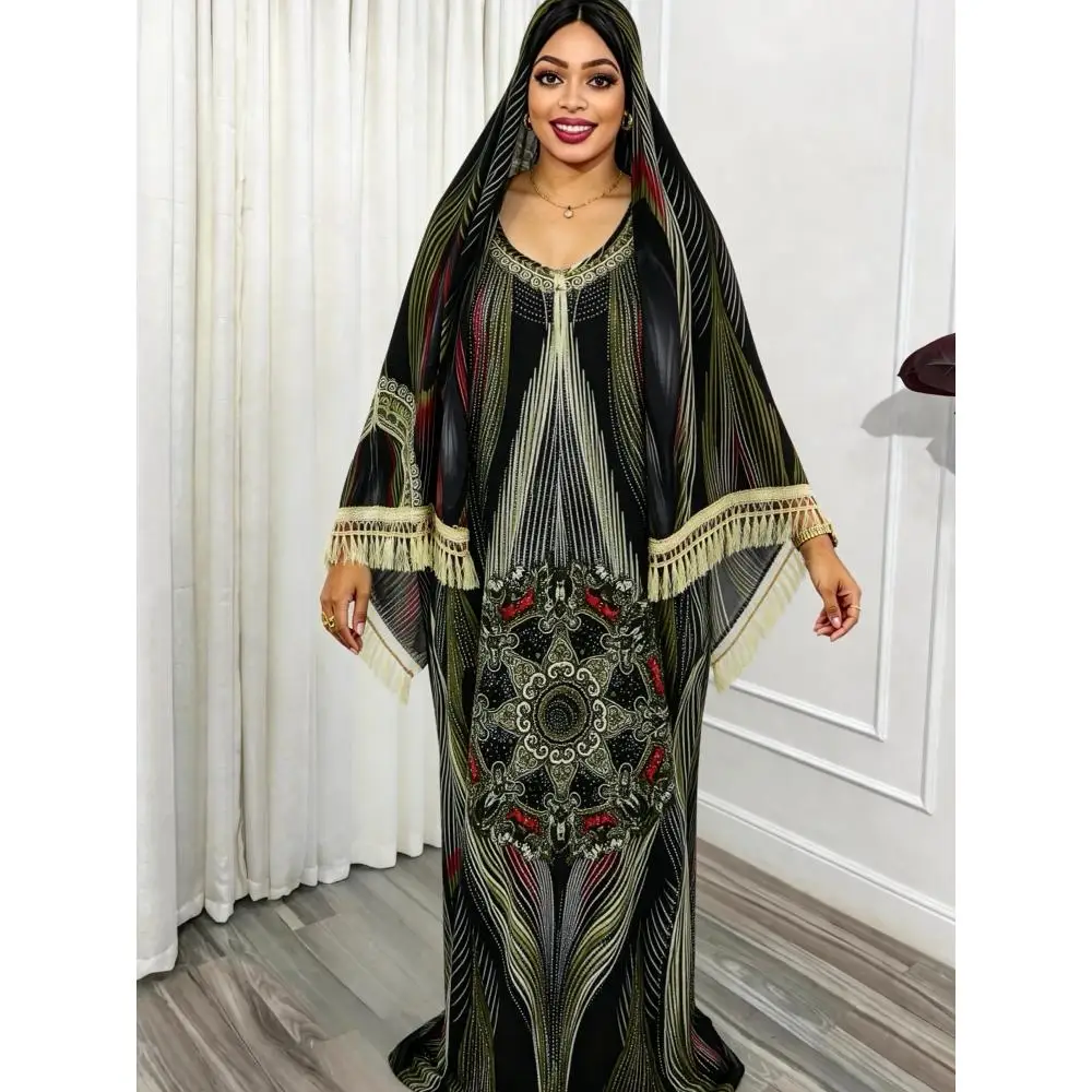 

Large Size Traditional Middle Eastern Abaya Robe with Matching Scarf Sequined Ethnic Printed Muslim