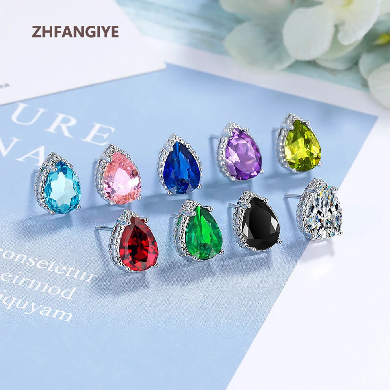 

ZHFANGIYE Trendy Water Drop Shape Zircon Earrings 925 Silver Jewelry for Women Wedding Party Engagement Promise Gift Accessories