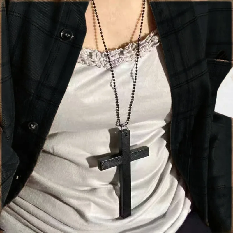 Collar con colgante de cruz de madera grande para hombre y mujer, joyería Punk de moda exagerada, personalidad Y2K, Collar largo, accesorios de Rock