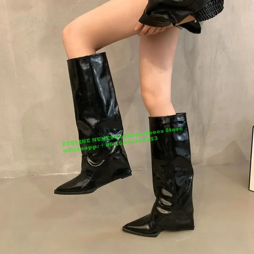 Brown Wedges Slip-On Sleeve Boots Pointed Toe Fold Over Splicing Retro Women Knee High Boots Street Style 2024 New Arrival Shoes