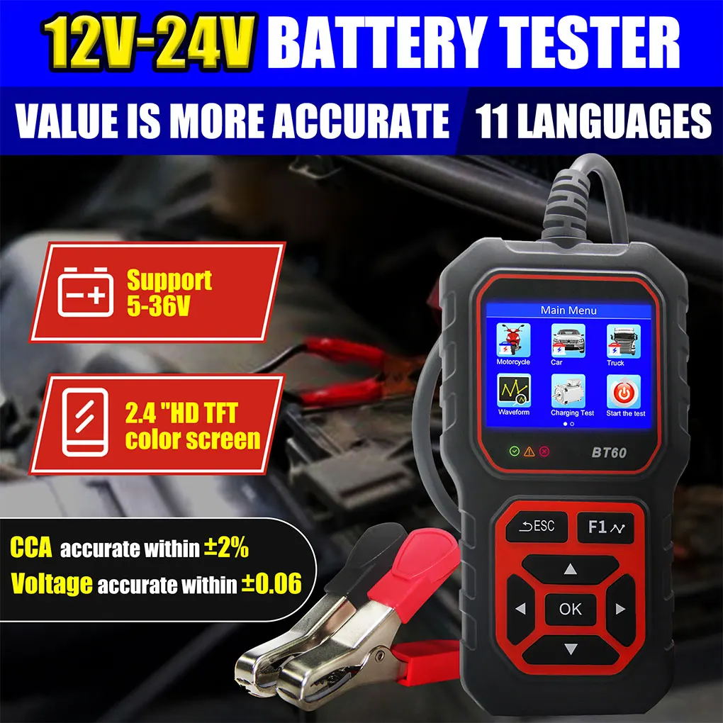 

BT60 Car Battery Tester 5-36V 100-3000 CCA Load Tester AGM Lithium Gel Car Alternator Tester Digital Car Battery Analyzer