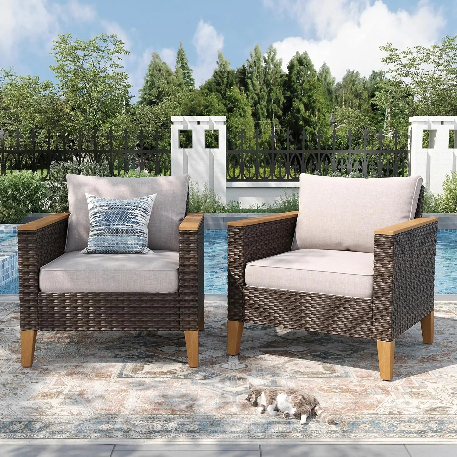 

Уличный модульный диван из ротанга с подушками, устойчивый к УФ-излучению, для бассейна и сада, 2 одноместных места, бежевый, на заказ