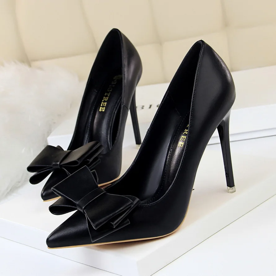 Women High Heels Blue Yellow Pumps Butterfly Knot PU Leather Stiletto Heels Lady Wedding Party Event Shoes Grace Simple 9511-18