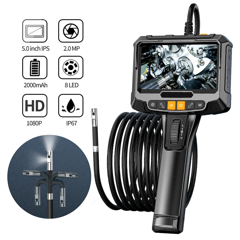 

360° Steering Industrial Endoscope Camera 8mm 5" IPS Screen Single & Dual Lens Inspection Borescope for Automotive With Bag