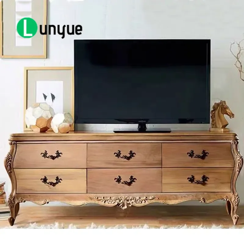 American Country Oak Solid Wood TV Storage Cabinet French Retro Carved Log Color Multi-functional High-end Furniture for
