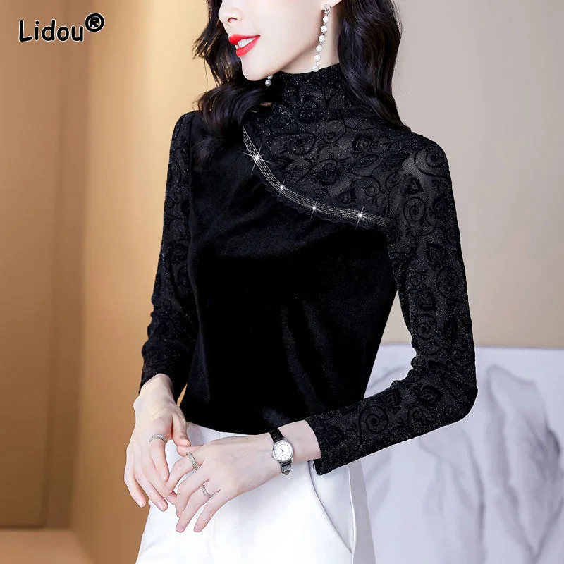 

Elegant Fashion Black Long Sleeved Turtleneck Skinny Spring Autumn Women's Clothing Solid Color Classic Graceful T-shirt Tops