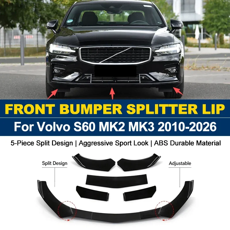5Pcs ABS Front Bumper Canard Lip Splitter Spoiler Body Kit For Volvo S60 MK2 MK3 2010-2026 2011 Car Styling Tuning Accessories