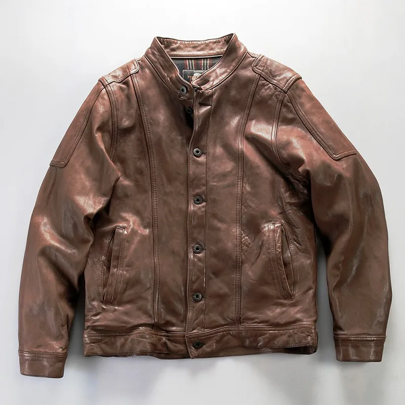 Stand-up collar leather for men heavy washed pleated casual short vegetable-tanned