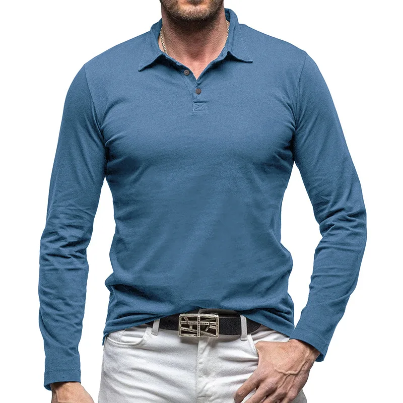 

New Polo Collar European and American Men's T-shirt Solid Color Foreign Trade Men's Pure Cotton Long Sleeved Polo Shirt