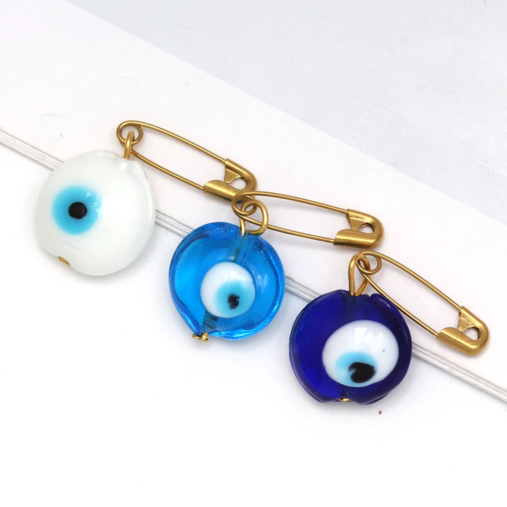 EVIL EYE 3pcs/lot Multi Color Turkish Evil Eye Bead Brooch Pin Gold Color Pin Alloy Charm Brooch for Women Men Fashion Jewelry