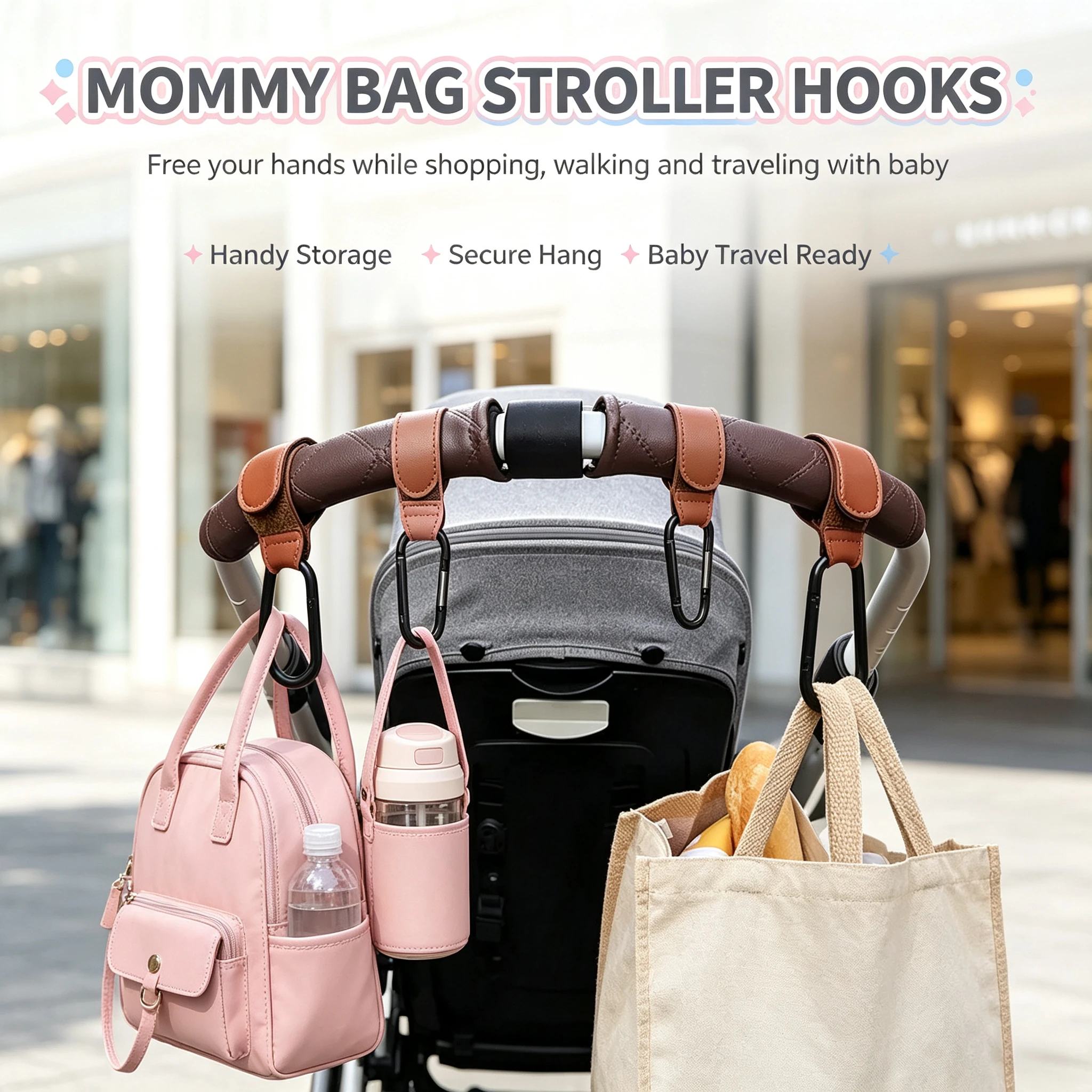 2Pcs PU Leather Baby Stroller Hooks, Adjustable Pram Diaper Bag Hanger, Kids Travel Storage Accessories
