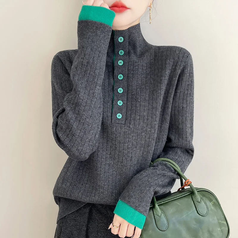 Damen-Rollkragenpullover mit Vintage-Knöpfen, Herbst/Winter, langärmeliger Pullover, Modetrends, weiche und bequeme Strickoberteile