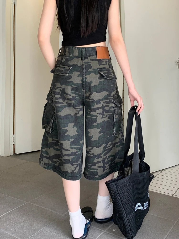 Fashion Women Camouflage Mid Shorts High Waist Camo Multipocket Baggy Jeans Shorts Femme Party Cool Loose Wide Leg Cargo Shorts