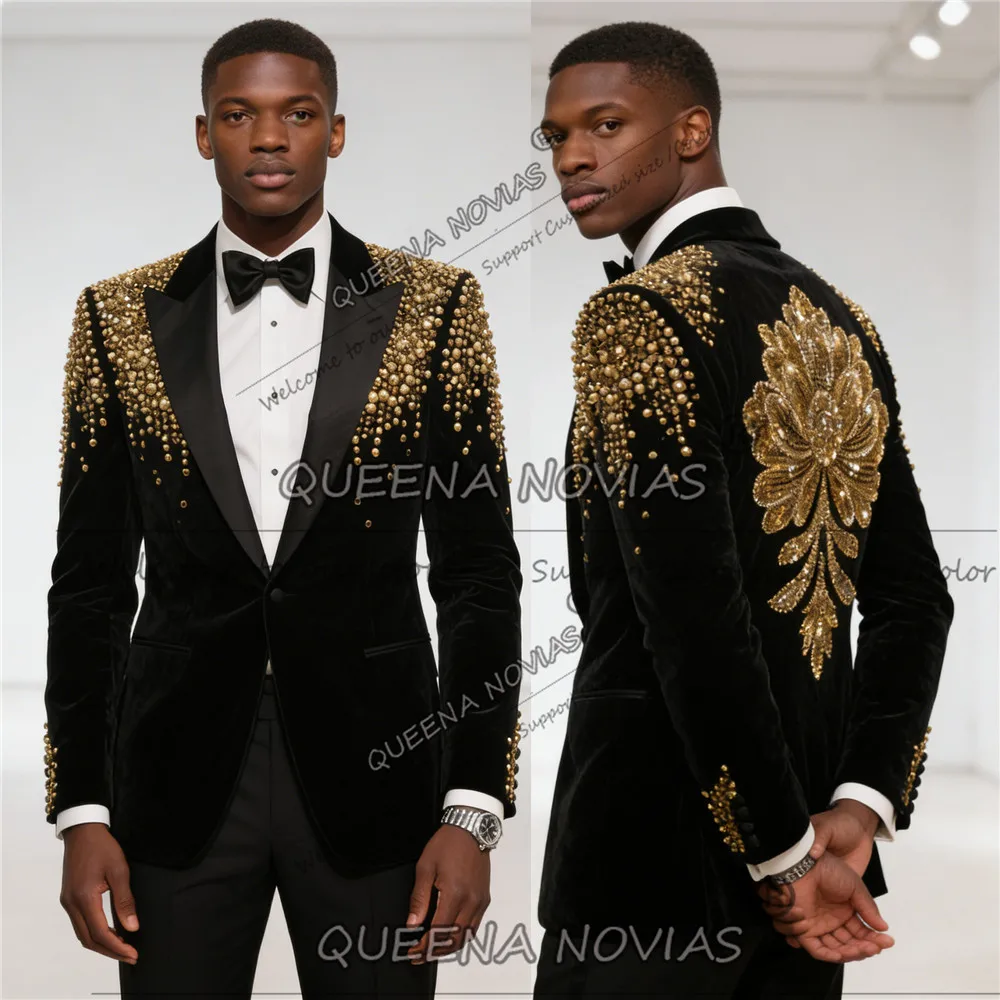 

Изысканные мужские костюмы с кристаллами из бисера для свадьбы, бархатные пиджаки для выпускного вечера, индивидуальный комплект из двух предметов, смокинг жениха, наряды Terno Masculinos
