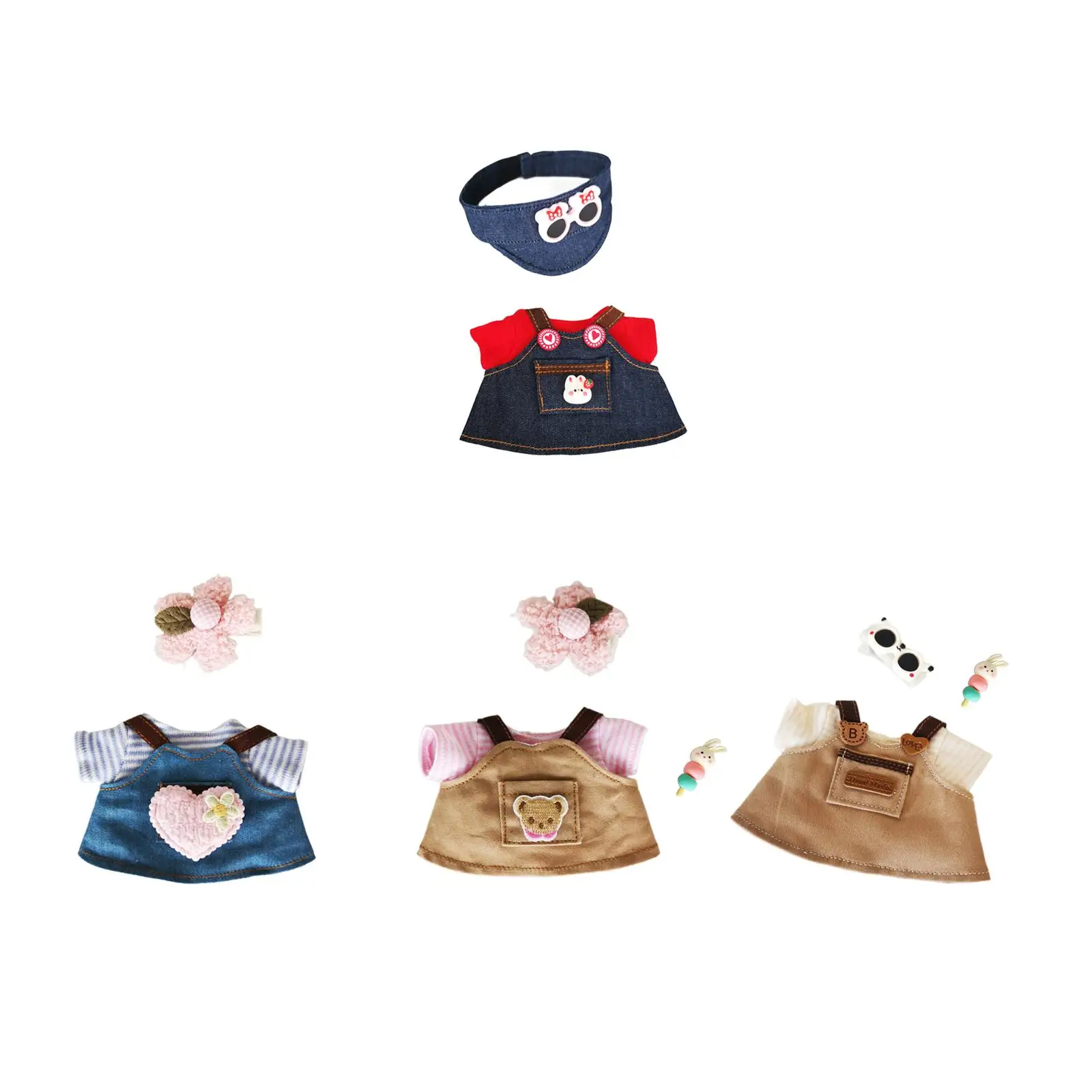 Conjunto de roupas de boneca de pelúcia de 15cm, conjunto de saia jeans, grampo de cabelo fofo, roupas de boneca diy, brinquedo de pelúcia, acessórios de vestir, roupas de boneca