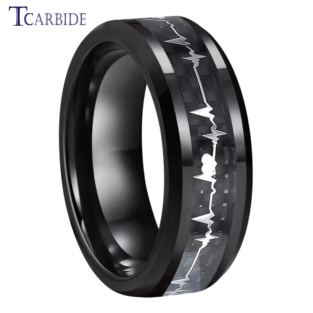 Bague en Carbure de Tungstène pour Homme et Femme, 8mm de Proximité, Bracelet de Fiançailles, Cardiogramme, Incrustation en Fibre de Carbone, Ajustement Confortable