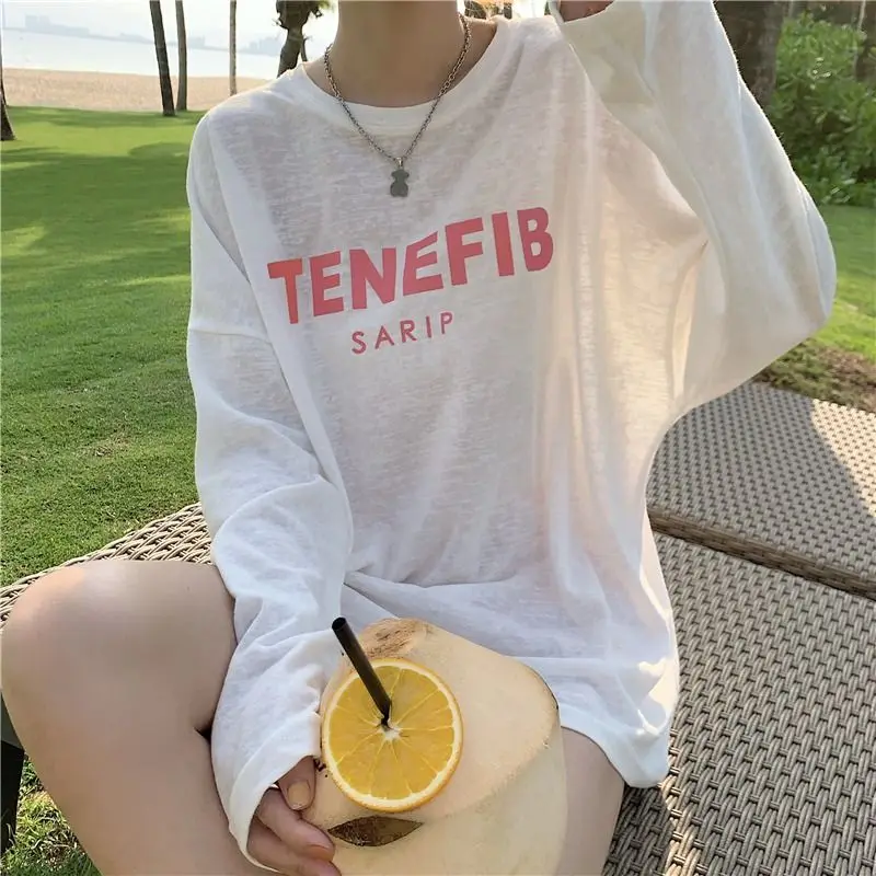 Trend Letter Printing Loose Tops Tees Summer New Solid Color Simplicity Thin Long Sleeve T Shirts Fashion Casual Women Clothing