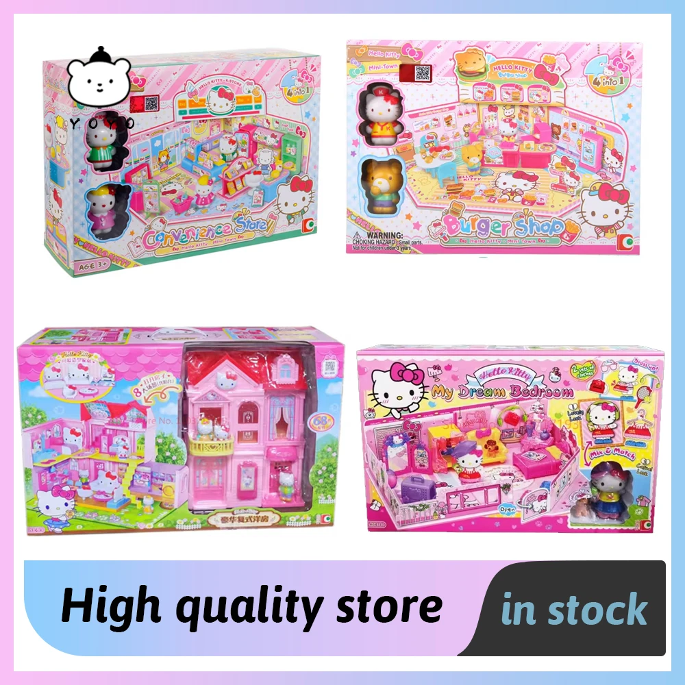 Hello Kitty Anime Figure Urban Facilities Series Figures Fun Childhood Toys Luxury Duplex Villa Amusement Park Hambur Shop Toys