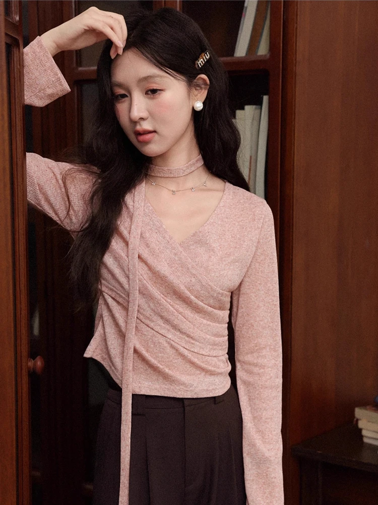 

ALXNAN Long Sleeve T-shirt for Women Pink Irregular V-neck 2025 Autumn T-shirts Casual Elegant Office Lady Slim-fit Tops L56712