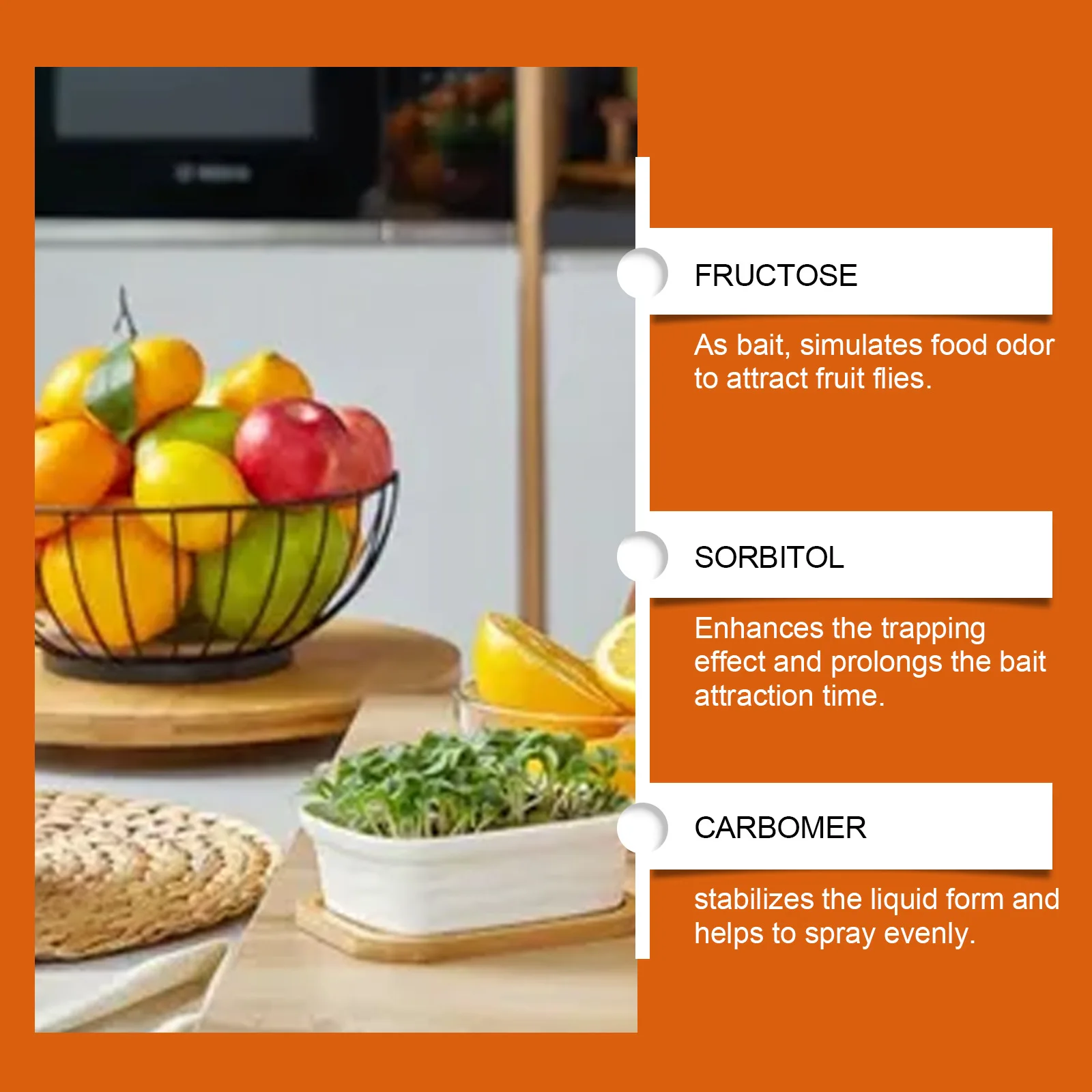 3 pezzi MOONSPRY Drosophila Bait Spray -Formula di fruttosio Sorbitolo -Captura quotidiana efficace -Per la cucina domestica Controllo della mosca della frutta