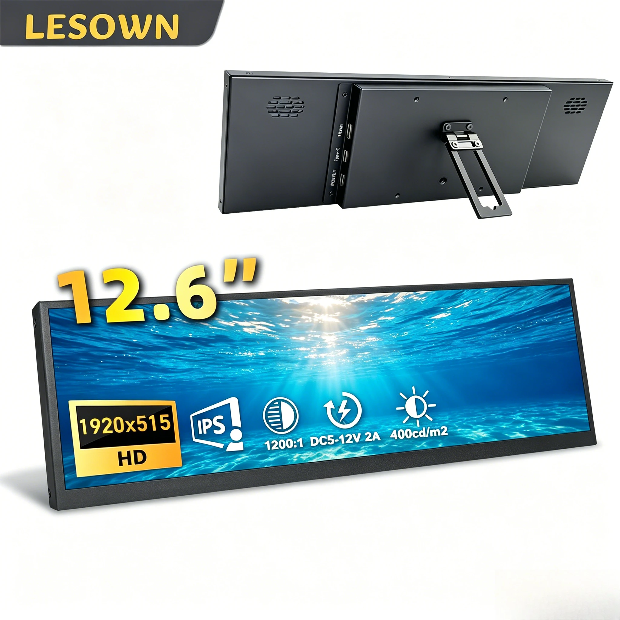 

LESOWN Stretched Bar Touchscreen Monitor 12.6 inch 1920x515 IPS 1200:1 USB Type C HDMI Wide Sub Screen LCD Display with Speakers