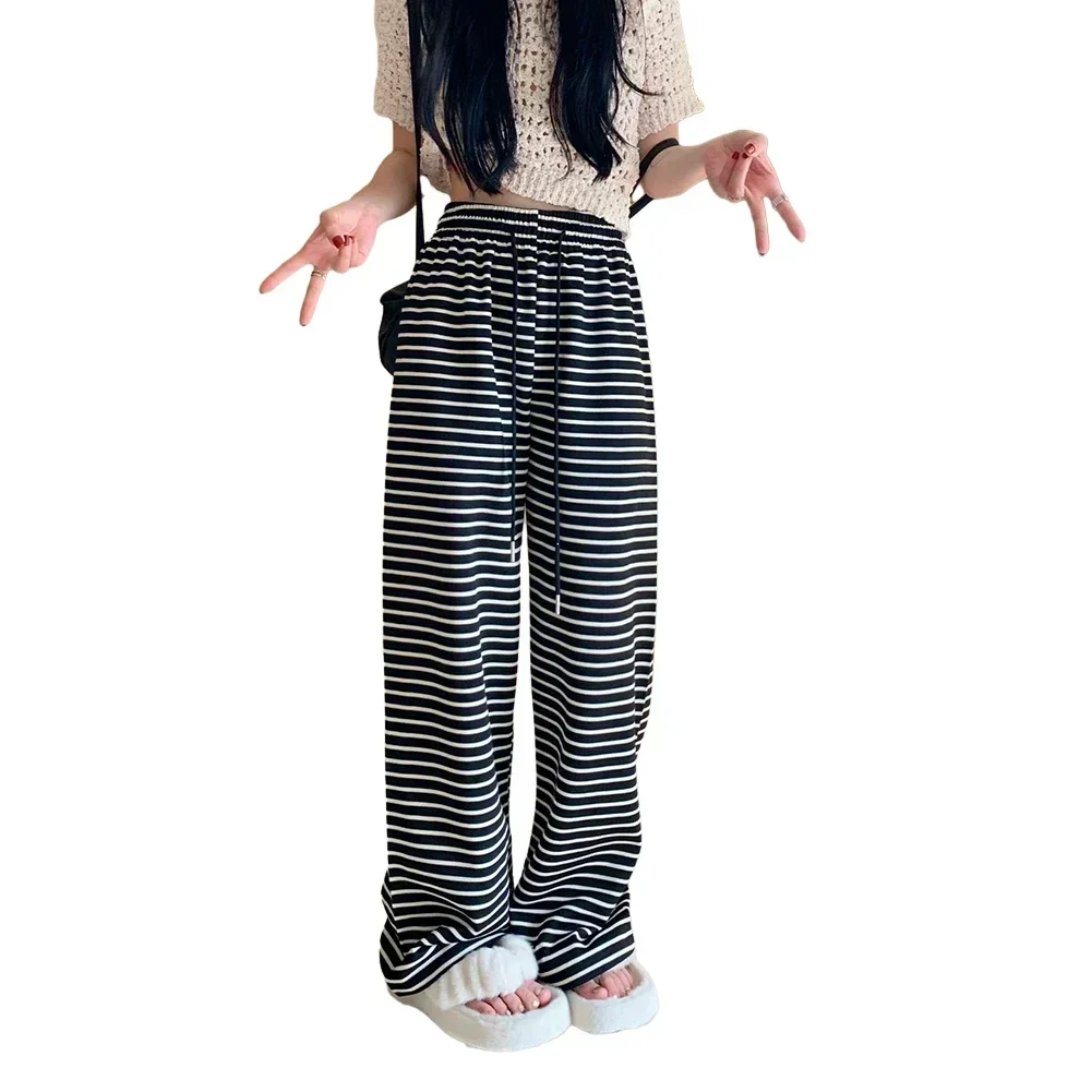 Daily Party Shopping Womens Pants Trousers All Seasons Black And White Drawstring High Waist Horizontal Stripes