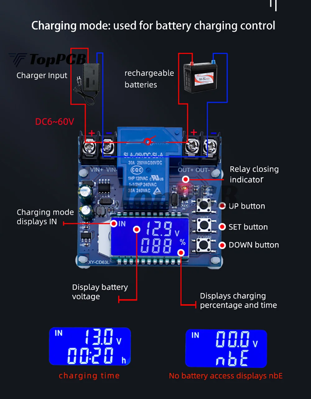 Battery Charge Discharge Controller Low Voltage Cut Off Switch Undervoltage Overvoltage Protection Voltage Percentage Display