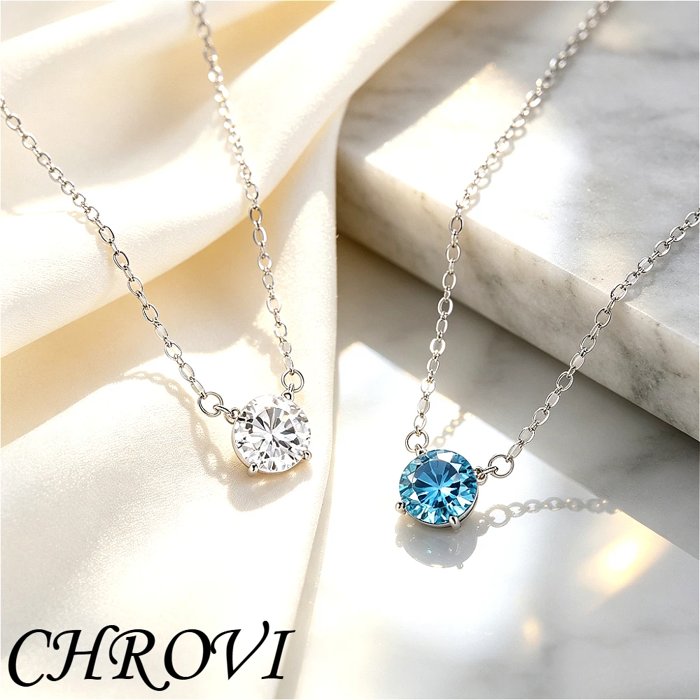Luxurious 925 sterling silver necklace featuring classic four-prong mini single diamond zirconia pendant and collarbone chain