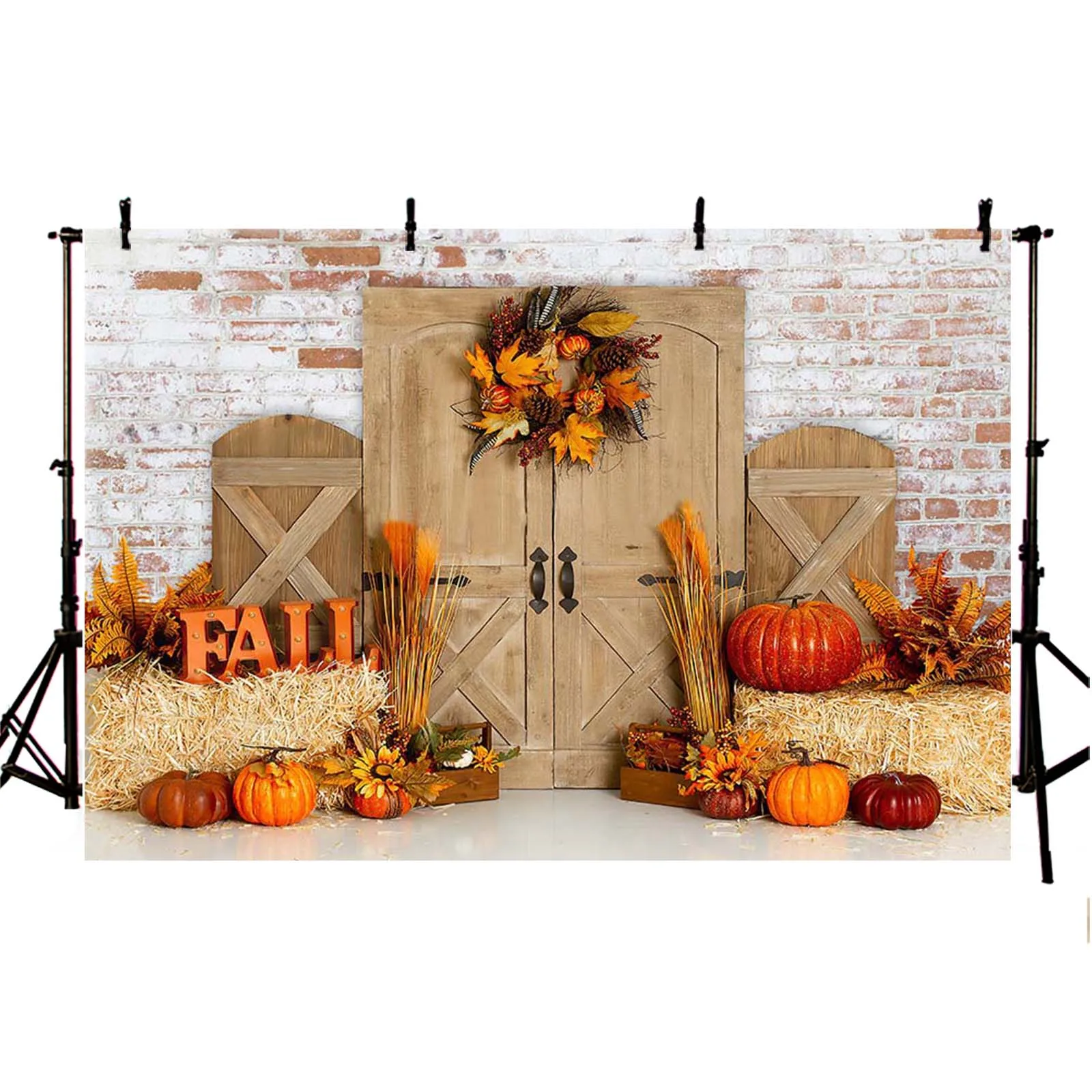 Fall Thanksgiving Photography Backdrop Pumpkin Harvest Haystack Brick Wall Wood Door Background Kids Cake Smash Party Decor