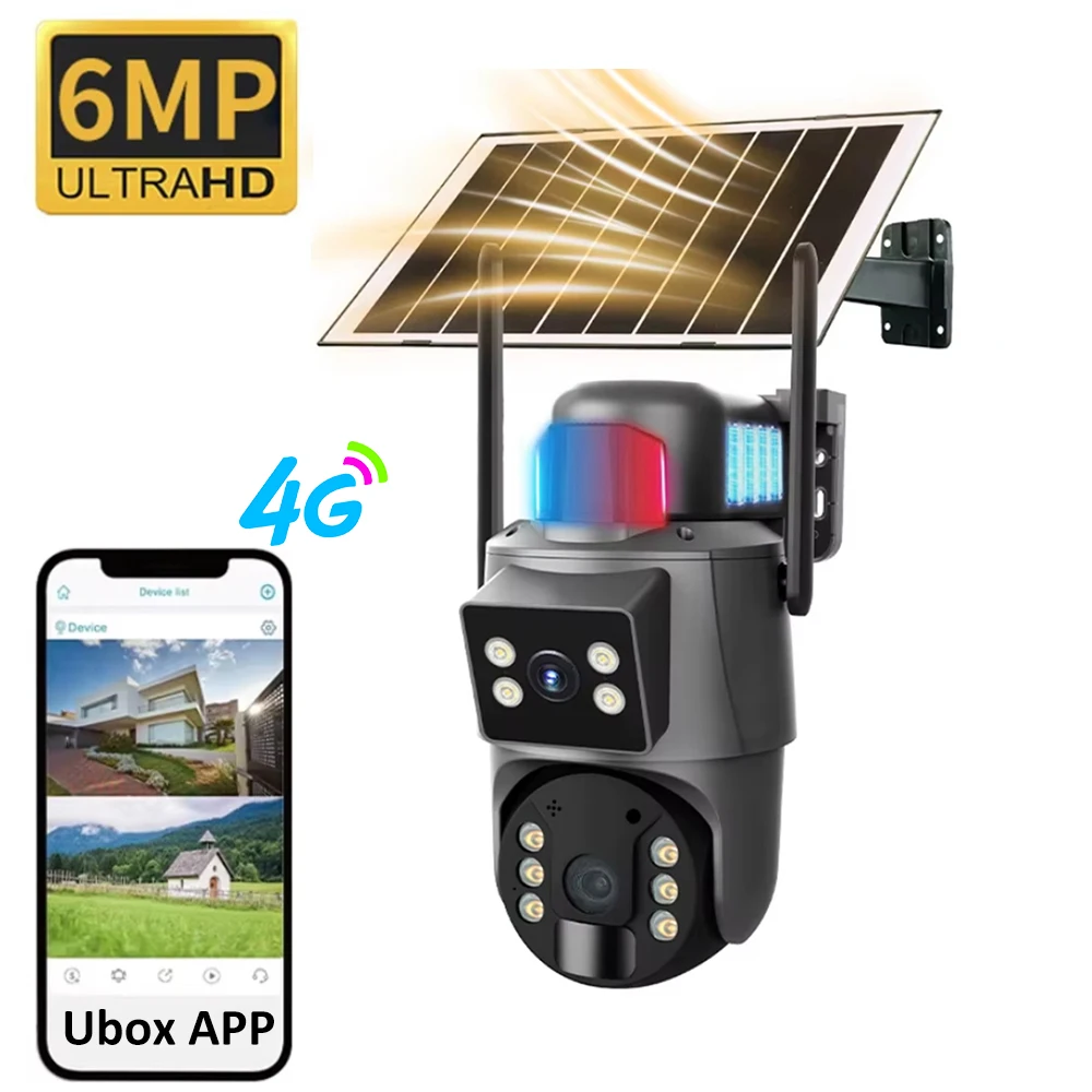 

Ubox 4G Sim Card 6MP Dual Lens Battery Solar Outdoor Motion Tracking PTZ PIR Spotlight Security Camera with Red Blue Alarm Light