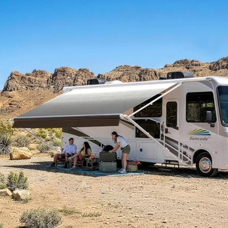 

Manual RV Awning for RVCamperTravel Trailers10x8Ft White Frame Black Fade Roll Out Awning Kit with Durable Fabric for Outdoor S