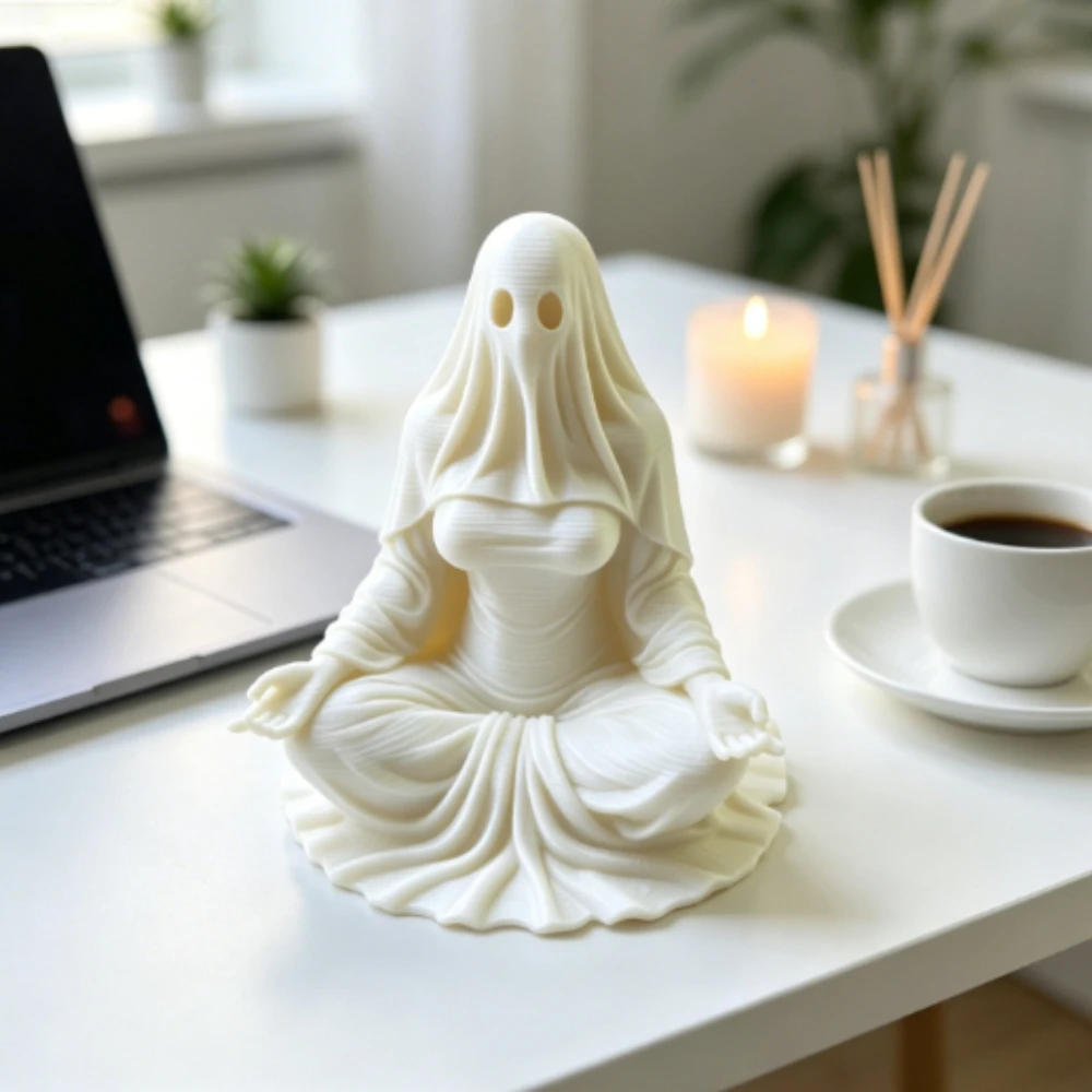 Meditating Ghost Figurines 3D Printed Cross-Legged Yoga Hooded Spirit Statues Calm Table Decor for Meditation Desktop Yoga Room