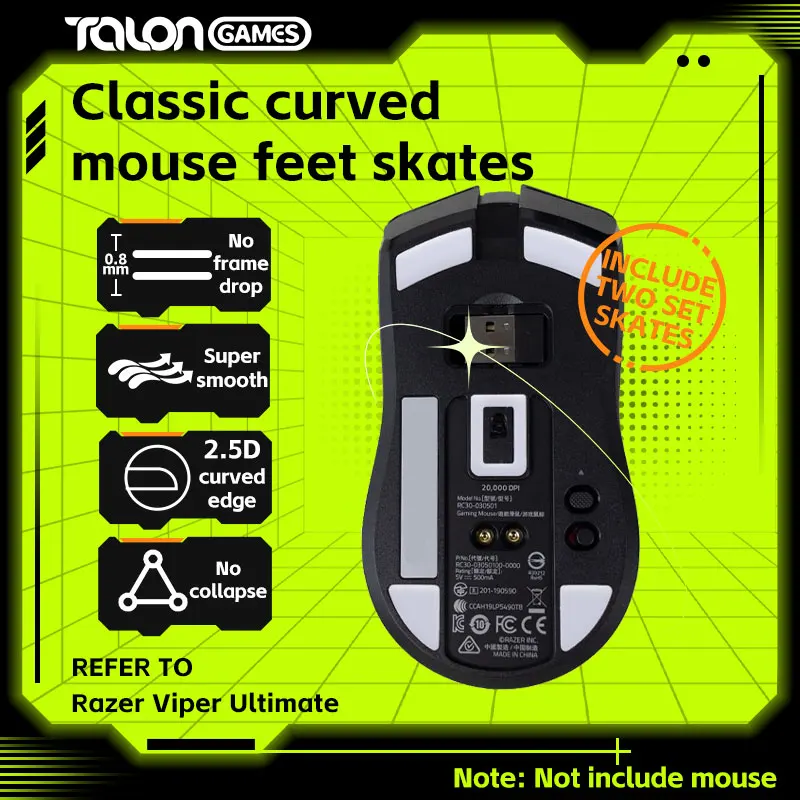 TALONGAMES-Patins de souris gris clair à bord incurvé personnalisé, pour Razer Viper UlOscar, remplacement de pieds de souris sans fil, 2 ensembles