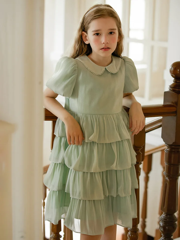 Baby Girls Dresses Short Puff Sleeve Light Green Fashion Princess Clothing 2022 Summer 3T 12T Prom Party Bridesmaid Kawaii Dress