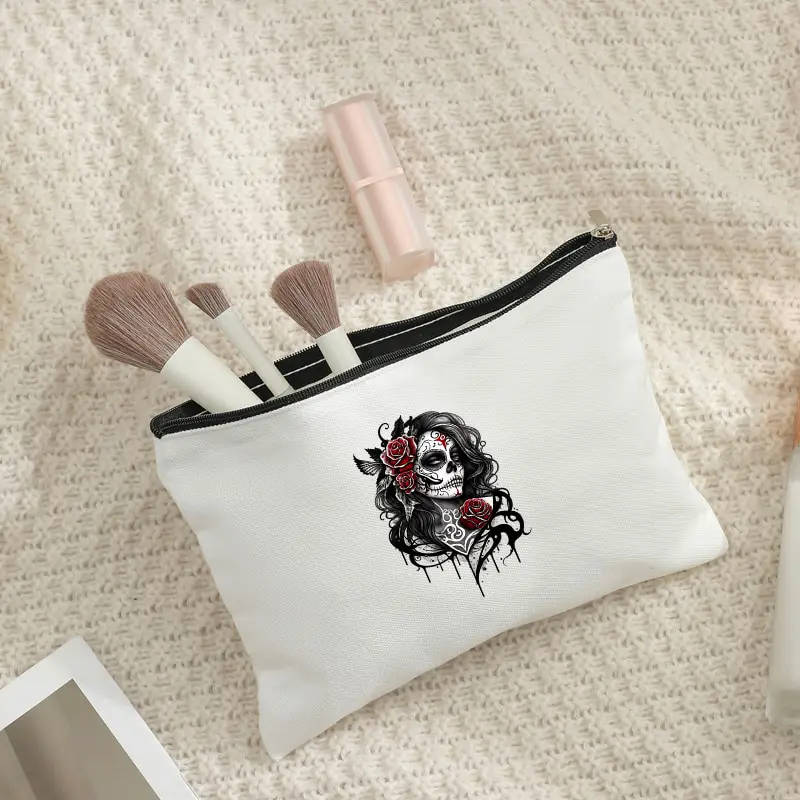 Day of the Dead Sugar Skull Woman Canvas Cosmetic Bag Red Rose Skull Print Zipper Pouch Portable Makeup Storage Halloween Gift