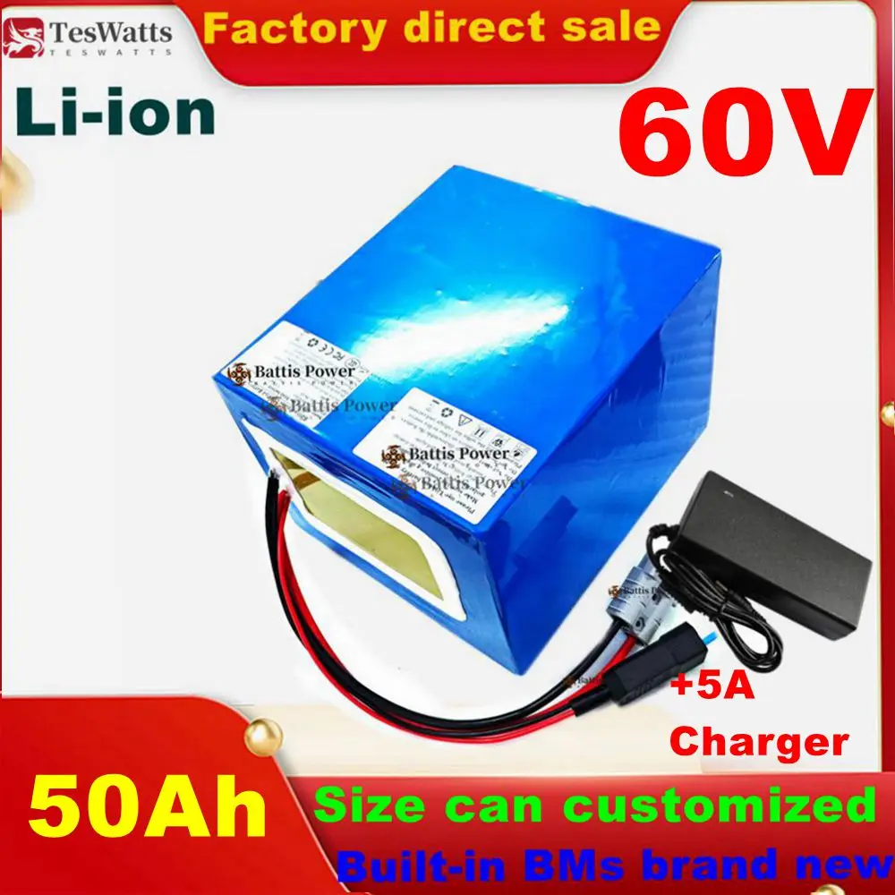 Batterie lithium-ion 60V, 50Ah, 150x190x260m, pour trottinette électrique 6000W, chariot AGV 8,5, tracteur