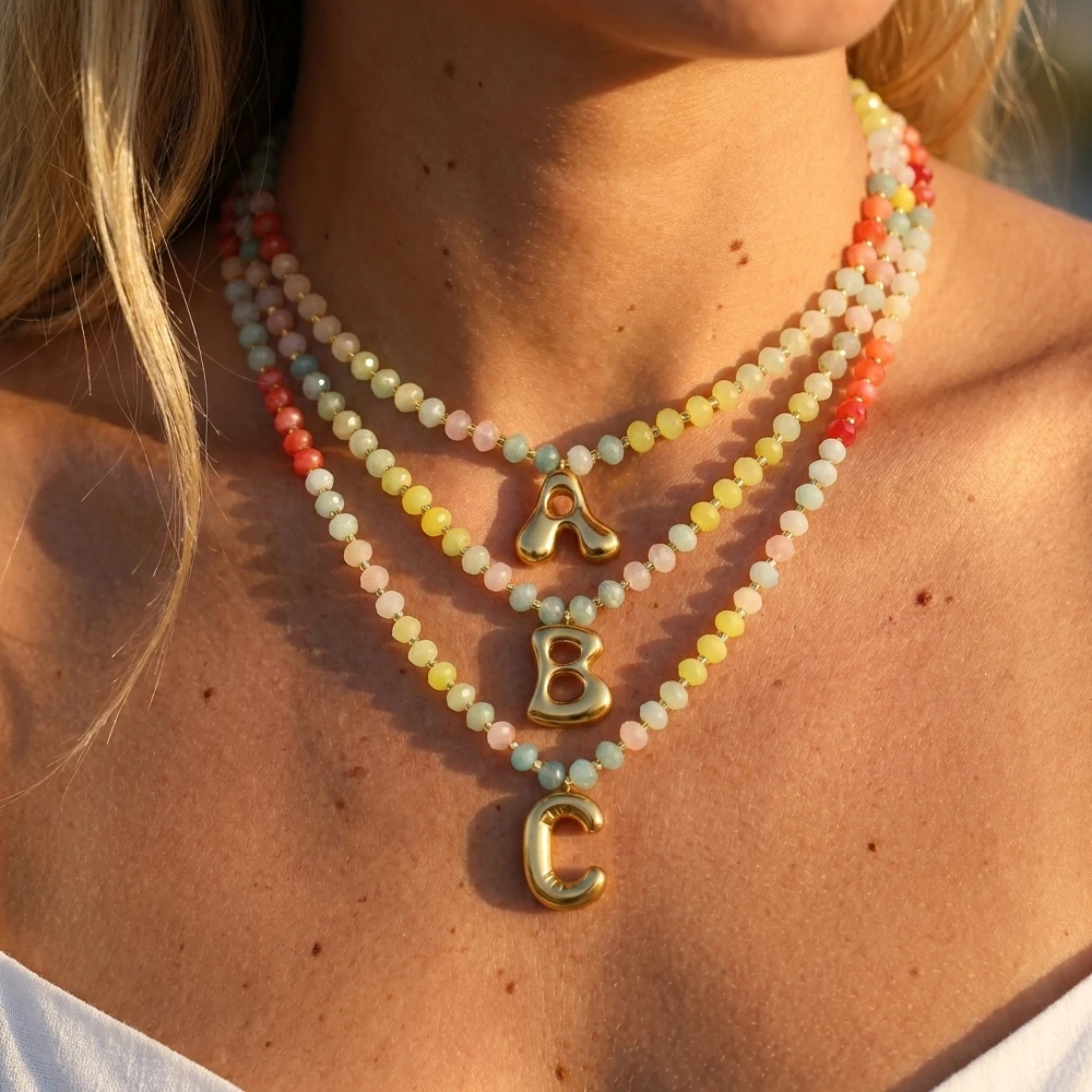 

3D bubble Initial Letter Pendants Necklace for Women Y2K Cute Colorful Bead Chain Choker Summer Beach Jewelry Accessories