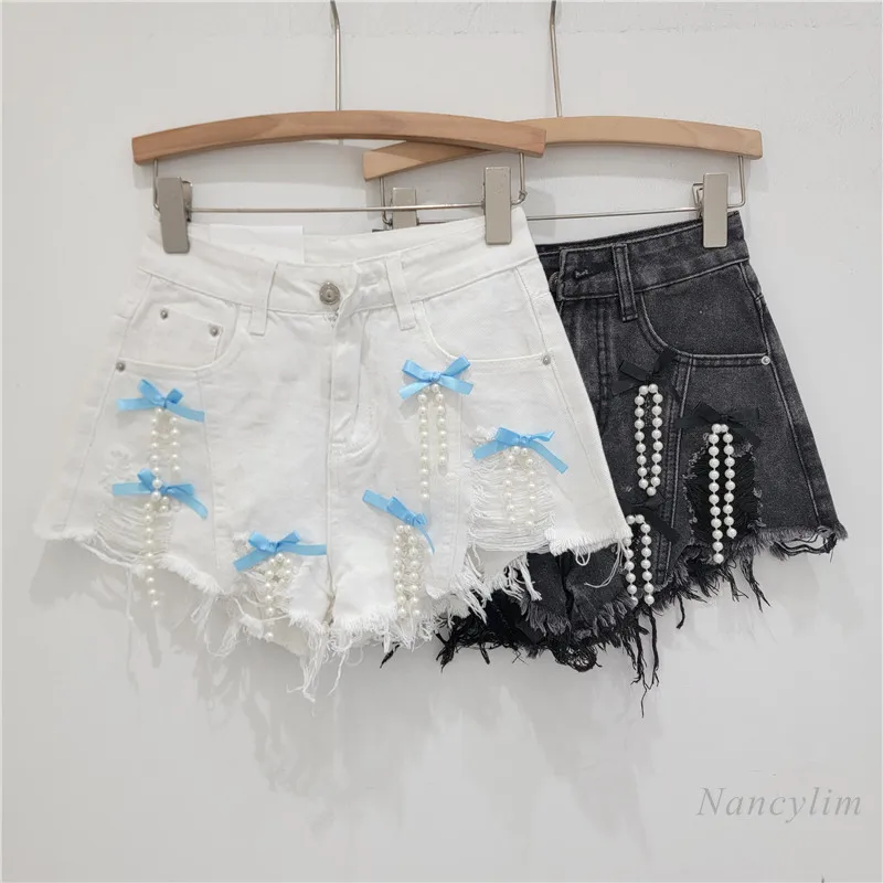 

Pearl Tassel Design Sense Ripped Burr Denim Shorts Women's Summer 2024 New Slimming Hot Girl Street Wide-Leg Hot Pants